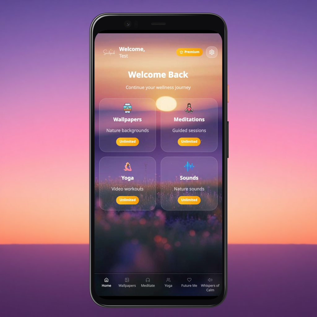 modern smartphone displaying meditation app interface with calming purple and pink gradient colors, peaceful zen design