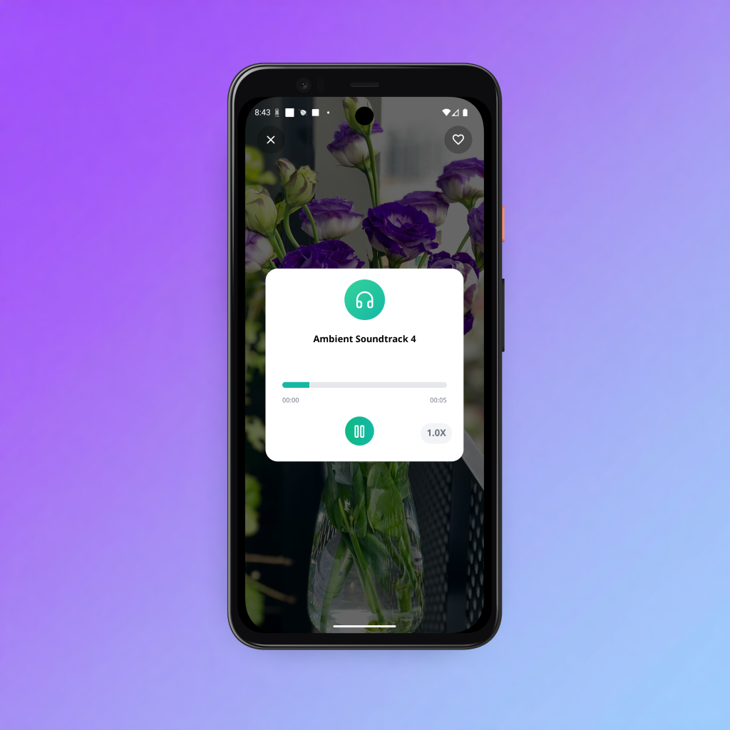 ambient soundscapes player with nature sounds, rain forest ocean, purple and indigo gradient interface
