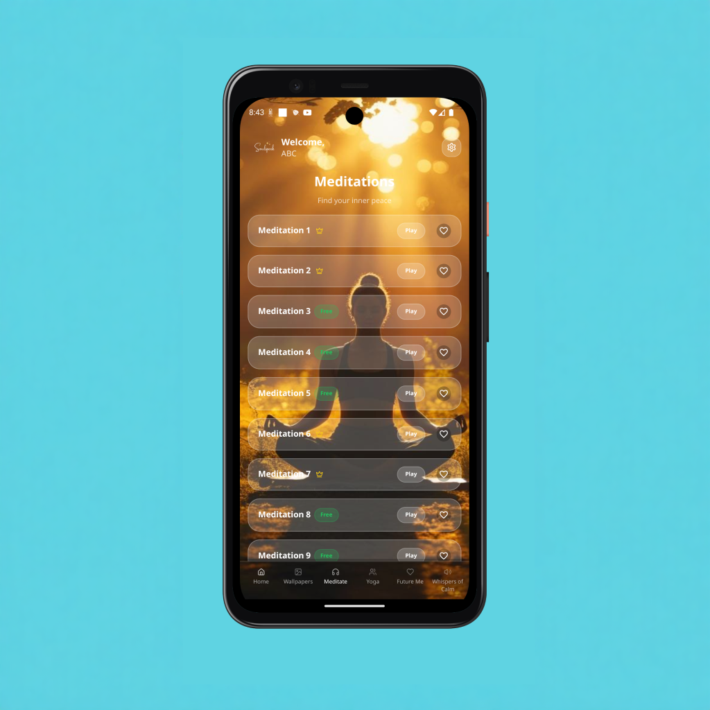 meditation app interface with breathing exercise timer, calm blue and teal colors, zen design