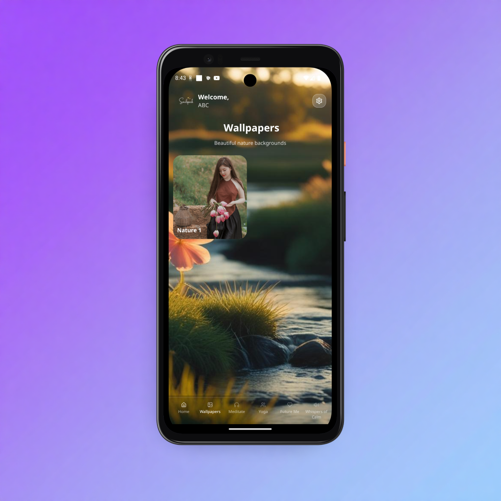 mobile app screenshot showing sleep stories interface with moon and stars, purple gradient background